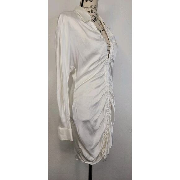 Zara Shirt Dress Womens SZ Small Satin Ruched Front Drape Blogger Fav Ivory - Picture 4 of 11